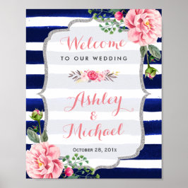 Floral Silver Navy Stripes Weddenschap Welkomsttek Poster