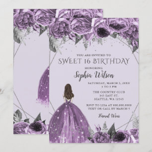 Floral Silver Paarse Spakle Dress Sweet 16 Invita Kaart