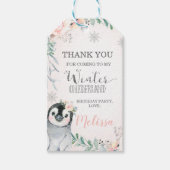 Floral Silver Penguin Winter Onederland Birthday Cadeaulabel (Voorkant)