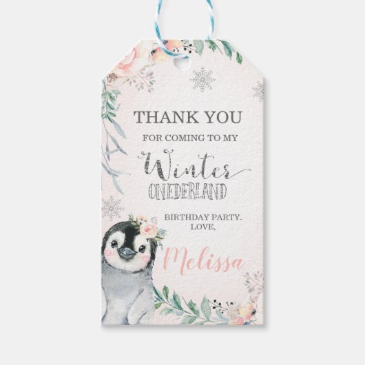 Floral Silver Penguin Winter Onederland Birthday Cadeaulabel (Voorkant)