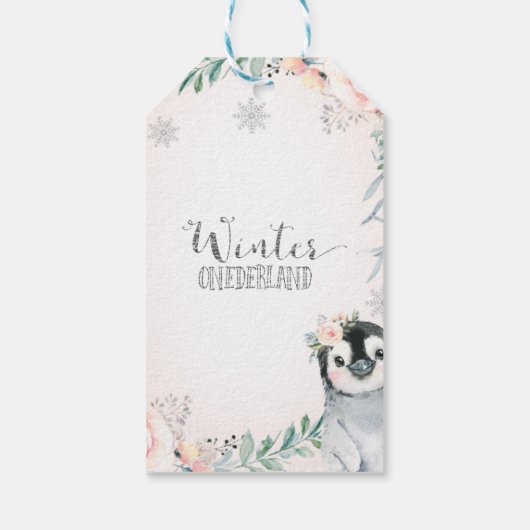 Floral Silver Penguin Winter Onederland Birthday Cadeaulabel (Achterkant)