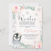 Floral Silver Penguin Winter Onederland Birthday Kaart (Voorkant)