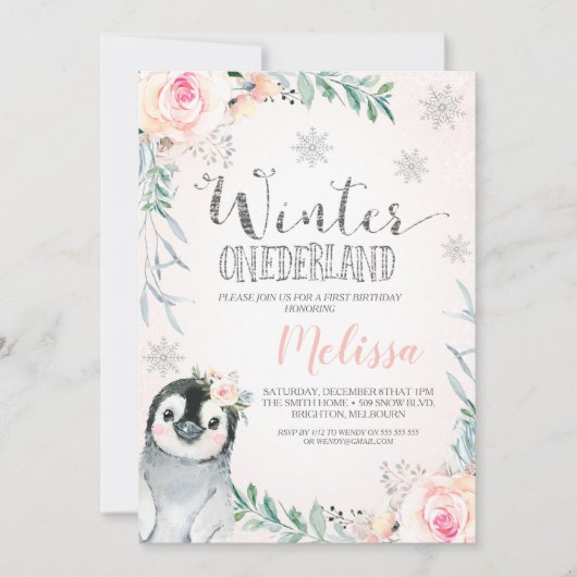 Floral Silver Penguin Winter Onederland Birthday Kaart (Voorkant)