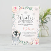 Floral Silver Penguin Winter Onederland Birthday Kaart (Staand voorkant)