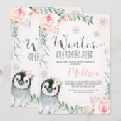 Floral Silver Penguin Winter Onederland Birthday Kaart (Voorkant / Achterkant)