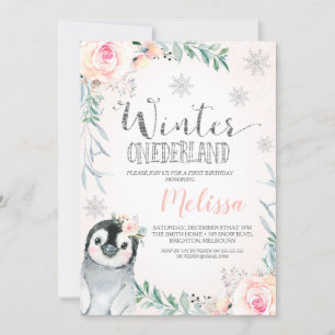 Floral Silver Penguin Winter Onederland Birthday Kaart