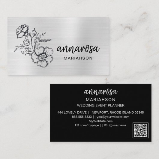 *~* Floral Silver QR LOGO FOTO Elegant Flower Visitekaartje (Voorkant / Achterkant)