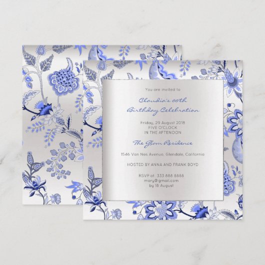 Floral Silver Sapphire Spring Chinoiserie Event Kaart (Voorkant / Achterkant)