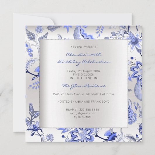 Floral Silver Sapphire Spring Chinoiserie Event Kaart (Voorkant)