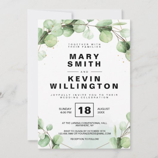 Floral Simple Rustic Eucaliptus Greenery Wedding Kaart (Voorkant)