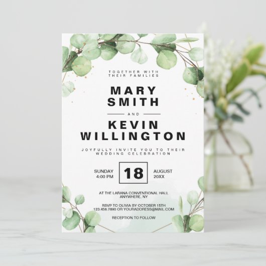 Floral Simple Rustic Eucaliptus Greenery Wedding Kaart (Staand voorkant)