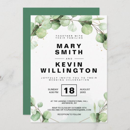 Floral Simple Rustic Eucaliptus Greenery Wedding Kaart (Voorkant / Achterkant)