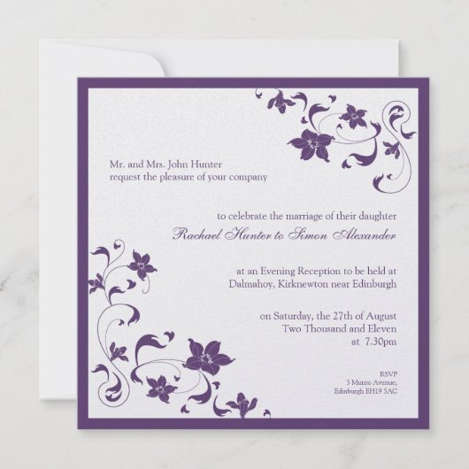 Floral Simple Wedding Invitation - Paars Kaart (Voorkant)
