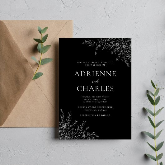 Floral Simplicity 1 Black Minimal Wedding Kaart