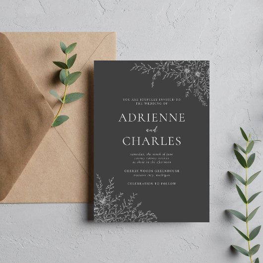 Floral Simplicity 1 Charcoal Gray Minimal Wedding Kaart