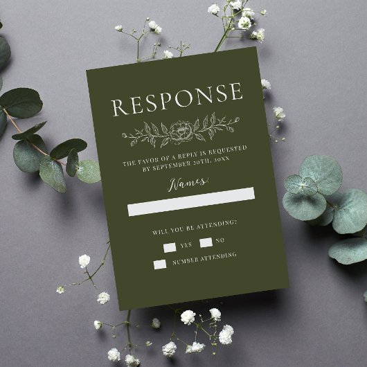 Floral Simplicity 1 Modern Green Minimal Wedding RSVP Kaartje
