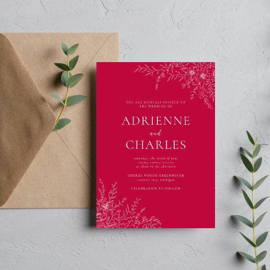 Floral Simplicity 1 Raspberry Pink Minimal Wedding Kaart