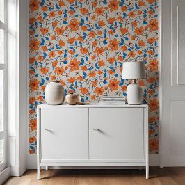 Floral Sinaasappel Blue Lily Botanische Patroon Behang
