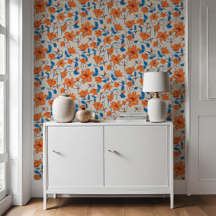 Floral Sinaasappel Blue Lily Botanische Patroon Behang