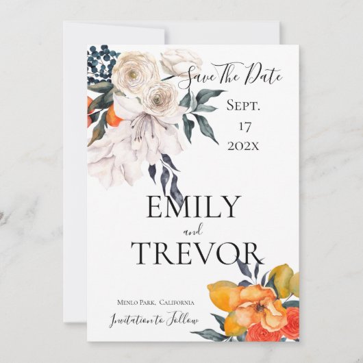 Floral-sinaasappel en witbruiloft save the date (Voorkant)