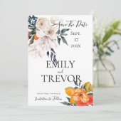 Floral-sinaasappel en witbruiloft save the date (Staand voorkant)