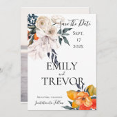 Floral-sinaasappel en witbruiloft save the date (Voorkant / Achterkant)