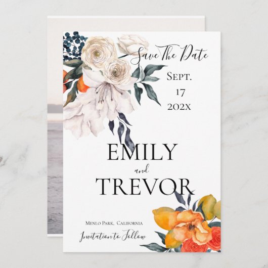 Floral-sinaasappel en witbruiloft save the date (Voorkant / Achterkant)