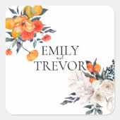 Floral-sinaasappel en witbruiloft vierkante sticker (Voorkant)