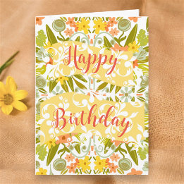 Floral Sinaasappel geel originele kunst happy birt Kaart