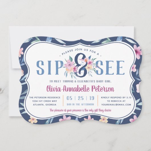 Floral Sip and See Baby shower Invitation, Lente Kaart (Voorkant)