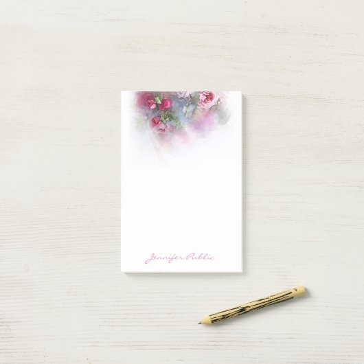 Floral Sjabloon Elegant Waterverf Rozen Script Post-it® Notes (Op bureau)