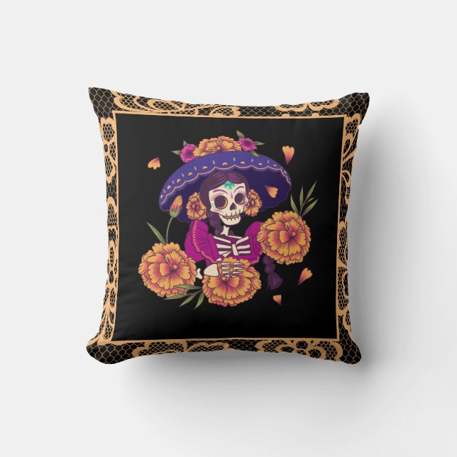  Floral Skelethuid en Oranje kant Gothic Kussen (Voorkant)