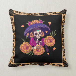  Floral Skelethuid en Oranje kant Gothic Kussen