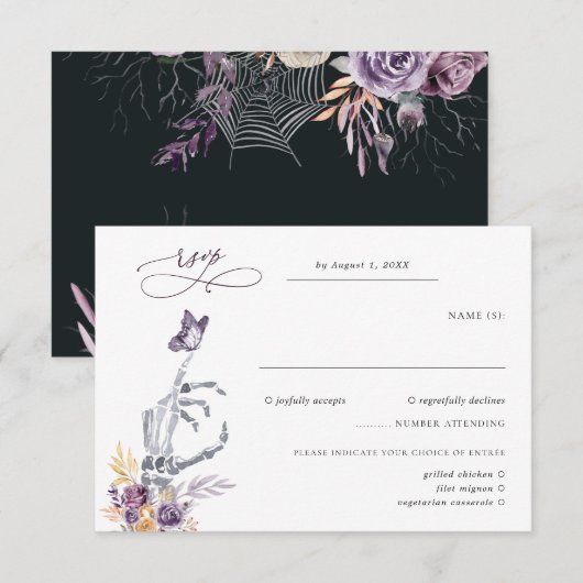 Floral Skeleton | Halloween Wedding RSVP Kaartje (Voorkant / Achterkant)