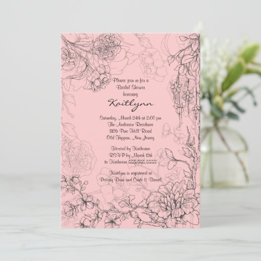 Floral Sketch on Pink Bridal Shower Invitation Kaart (Staand voorkant)