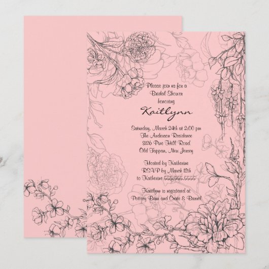 Floral Sketch on Pink Bridal Shower Invitation Kaart (Voorkant / Achterkant)