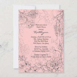 Floral Sketch on Pink Bridal Shower Invitation Kaart