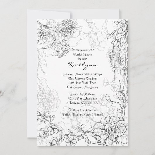 Floral Sketch on White Bridal Shower Invitation Kaart (Voorkant)