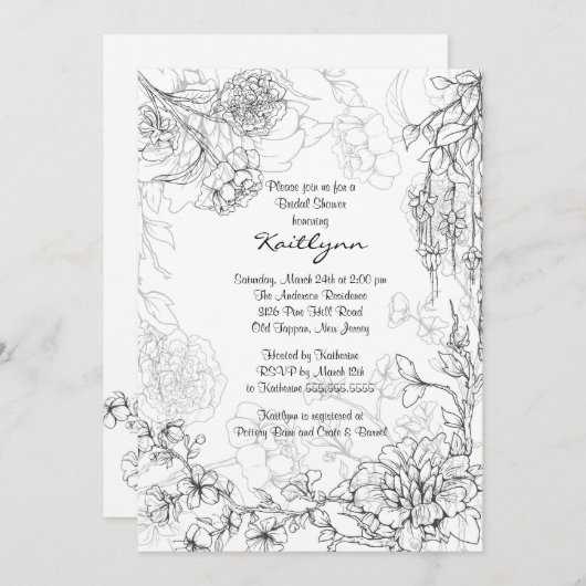 Floral Sketch on White Bridal Shower Invitation Kaart (Voorkant / Achterkant)