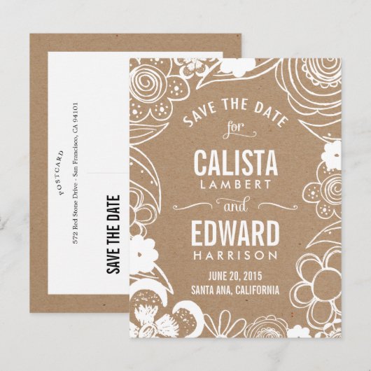 Floral Sketch Save the Date - Ambacht Aankondigingskaart (Voorkant / Achterkant)