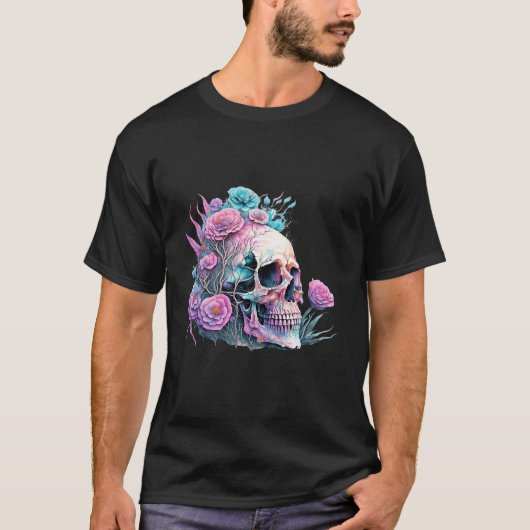 Floral Skull Art Donker T-shirt (Voorkant)