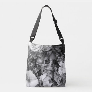 Floral Skull Black & White Crossbody Tas
