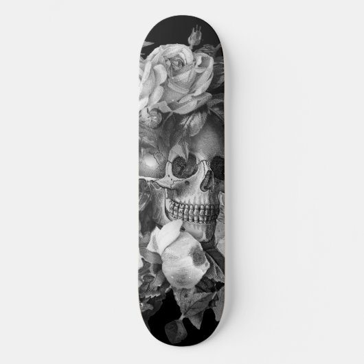  Floral Skull Black & White  Persoonlijk Skateboard (Voorkant)