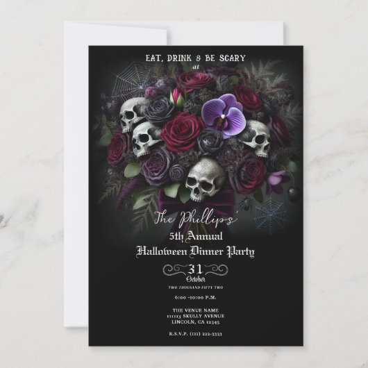 Floral Skull Bouquet Gothic Halloween Dinner Party Kaart (Voorkant)