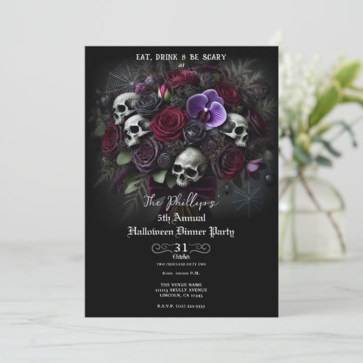 Floral Skull Bouquet Gothic Halloween Dinner Party Kaart (Staand voorkant)