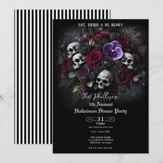 Floral Skull Bouquet Gothic Halloween Dinner Party Kaart (Voorkant / Achterkant)