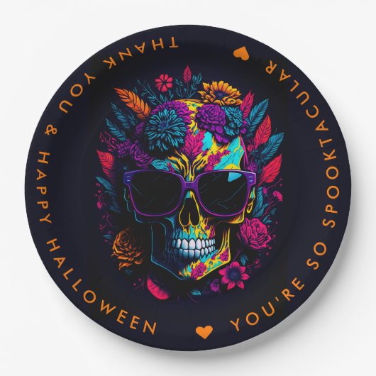 FLORAL SKULL Colorful Halloween Party Papieren Bordje (Voorkant)