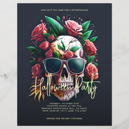 Floral Skull Dark Grey Halloween Party Flyer (Voorkant)
