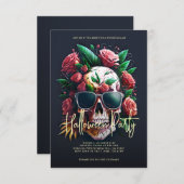 Floral Skull Dark Grey Halloween Party Kaart (Voorkant / Achterkant)