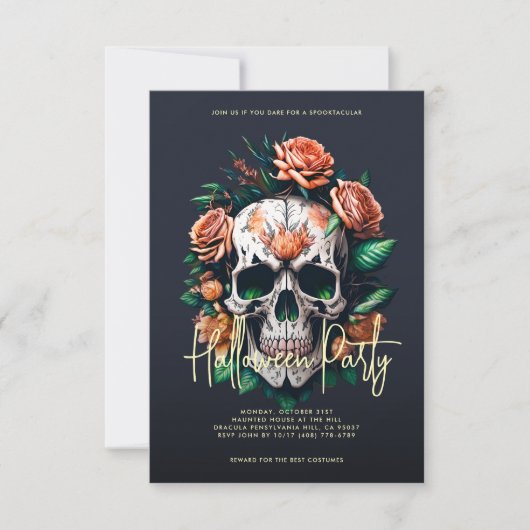 Floral Skull Dark Grey Halloween Party Kaart (Voorkant)